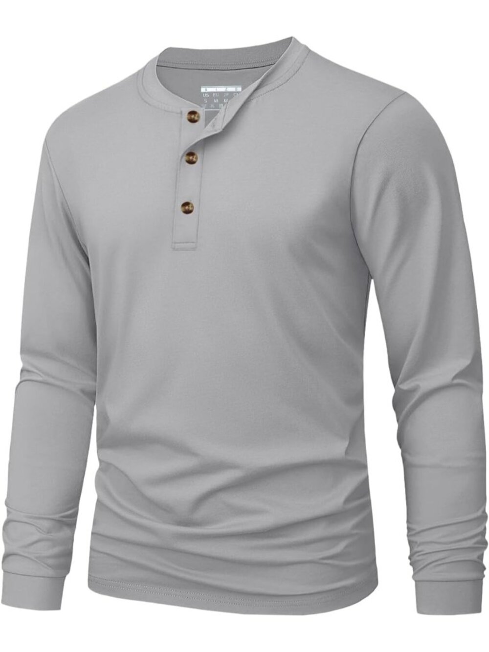 Men's Light Grey Long Sleeve Henley T-shirts Cotton 3-button Spring Casual